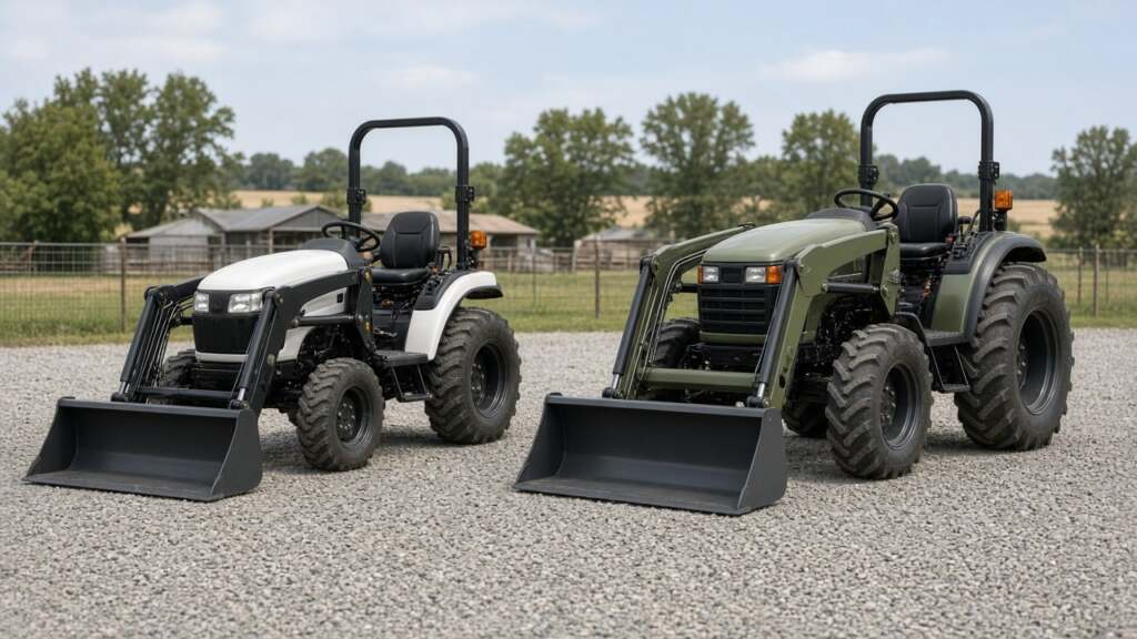 25 horsepower compact tractor next to a 40 horsepower compact for size comparison
