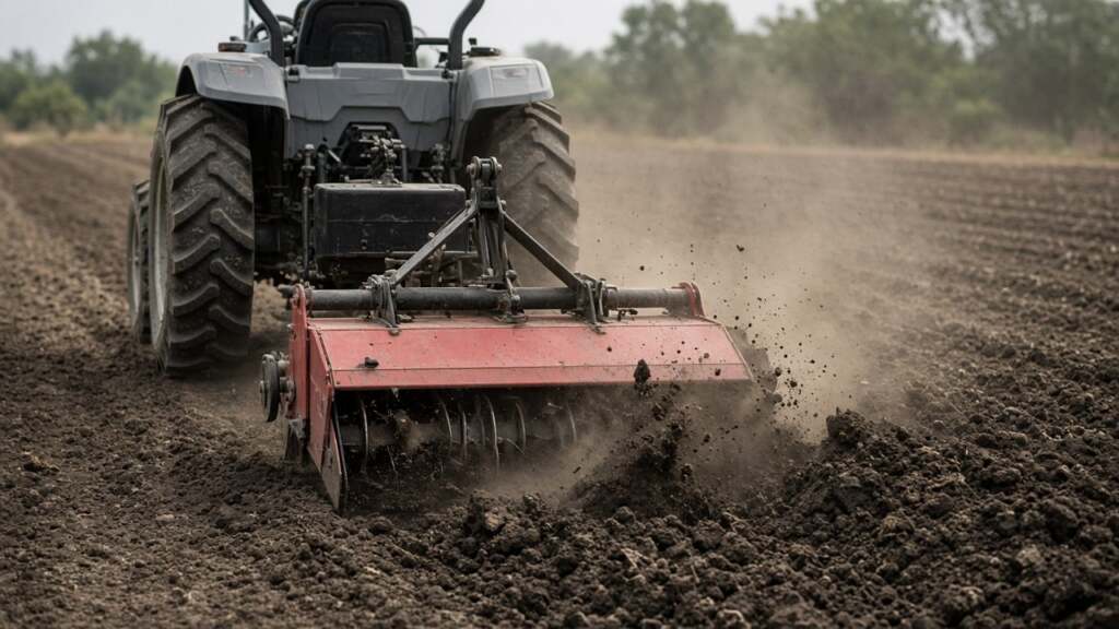 Rotary tiller on a compact tractor showing why tillage needs more PTO horsepower