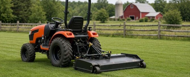 Small compact tractor mowing a few acres to show how much horsepower you need for lawn work