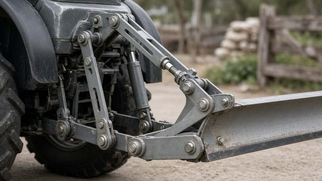 Category 1 three-point hitch on a small tractor lifting a rear blade.