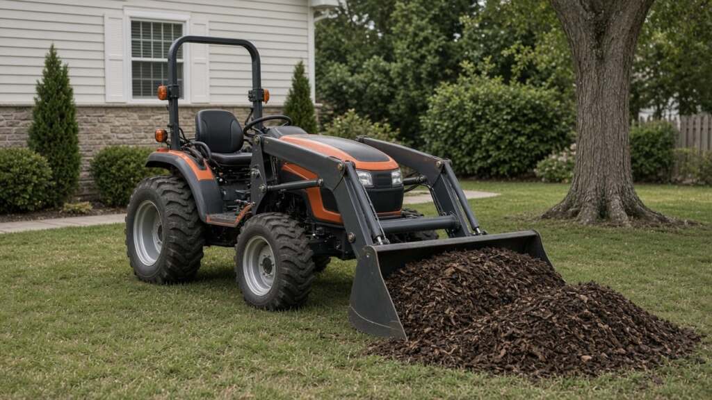 Front-end loader on a subcompact tractor moving light material.