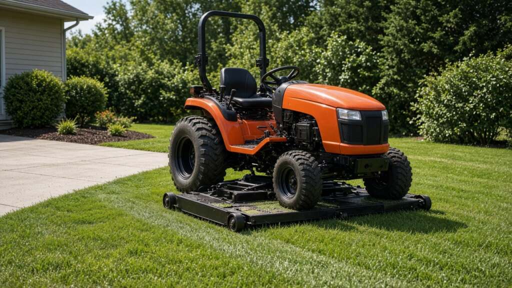 Subcompact tractor with mid-mount mower deck cutting a residential lawn.