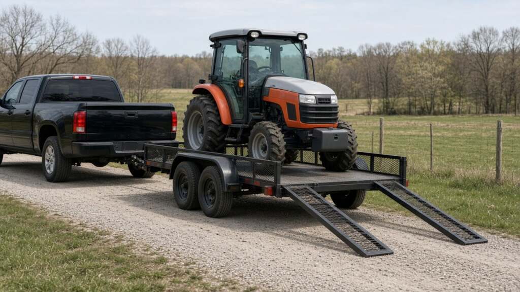 Subcompact tractor loaded on a utility trailer for transport.
